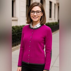 Vertical Design Womens S 100% Cashmere Cardigan Magenta Gray Elbow Patch Sweater